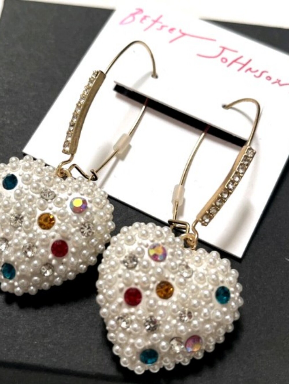 Betsey Johnson Gold-Tone Heart Drop Earrings with White Pearls & Multicolor Gems